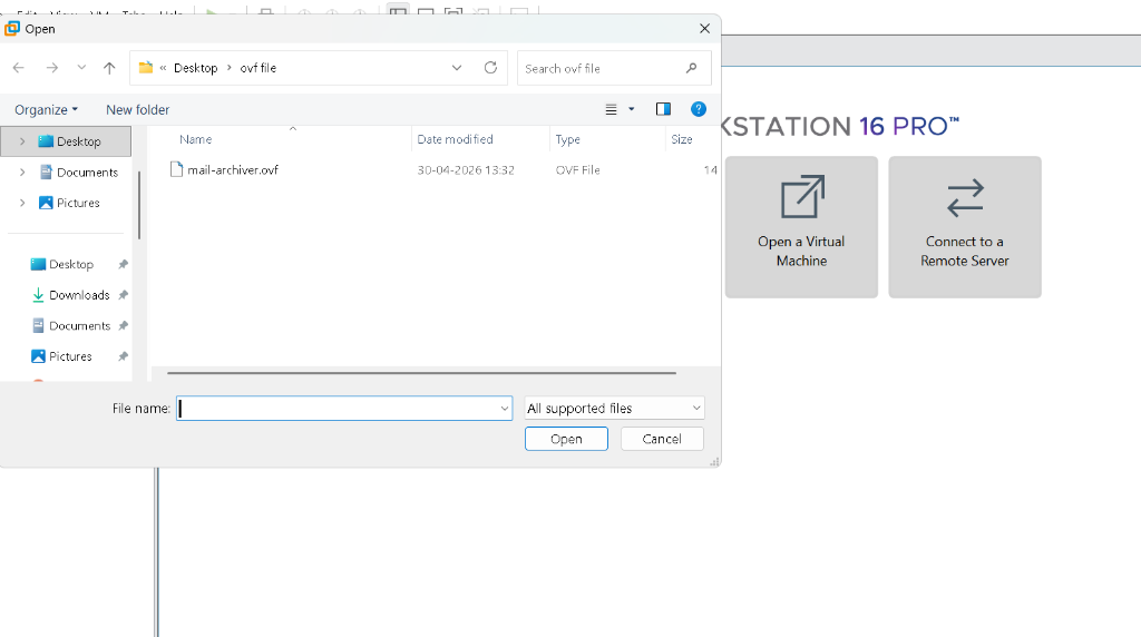 File browser with mail-archiver.ovf selected
