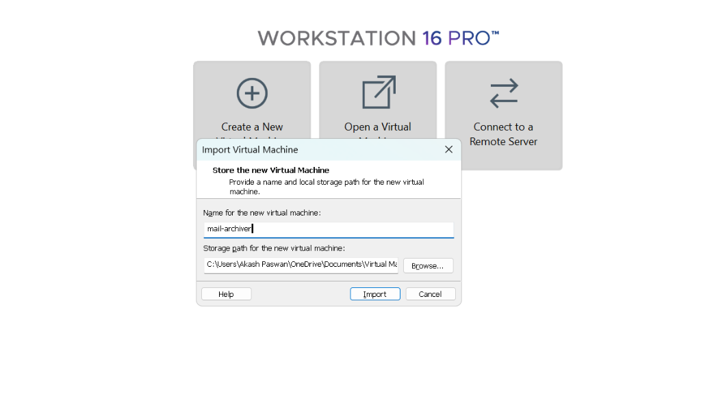 Import Virtual Machine dialog with mail-archiver name entered